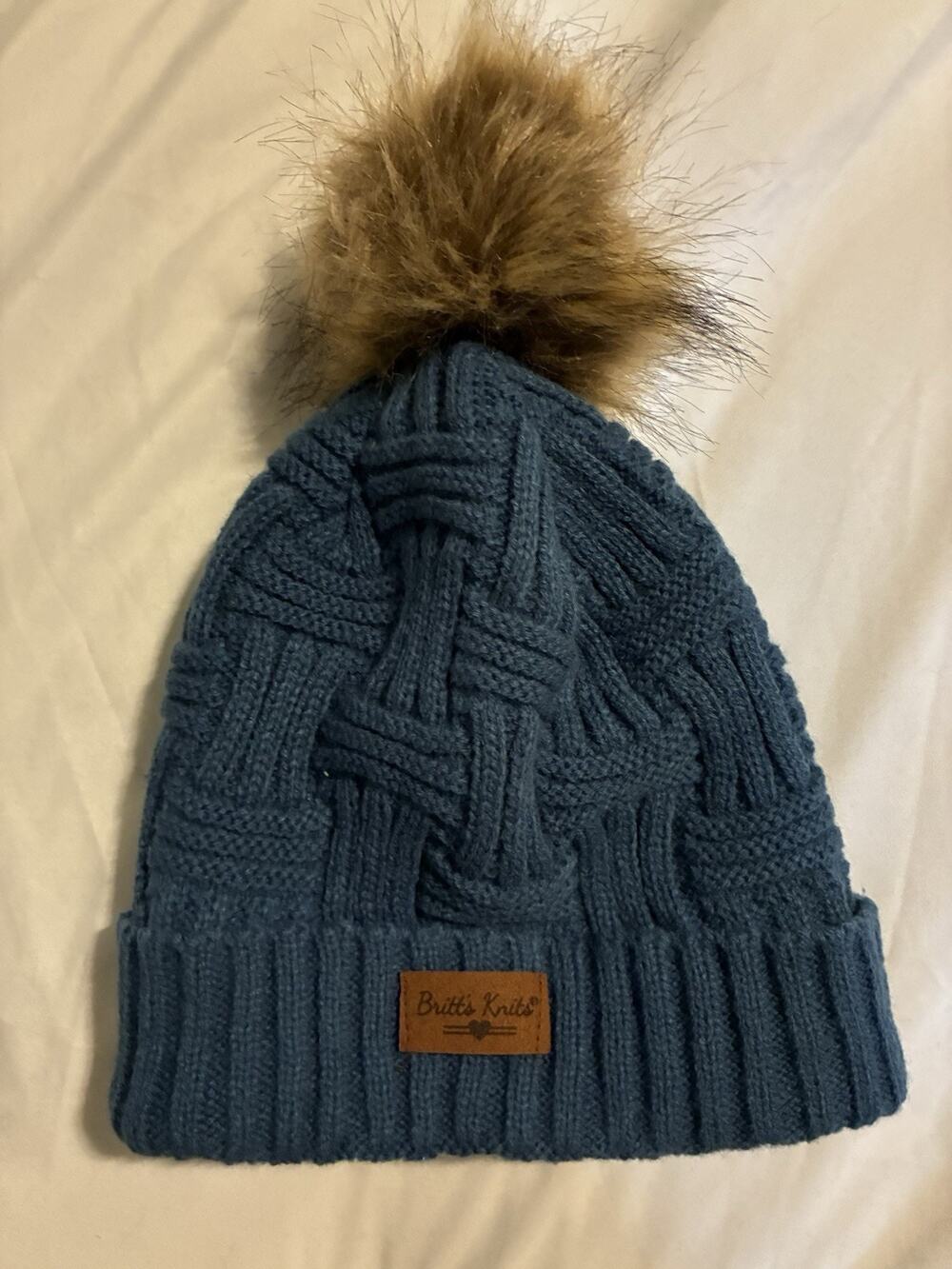 Britt's Knits Beanie Warm Knit Cuffed Pompom Winter Hat Blue Fleece Lining